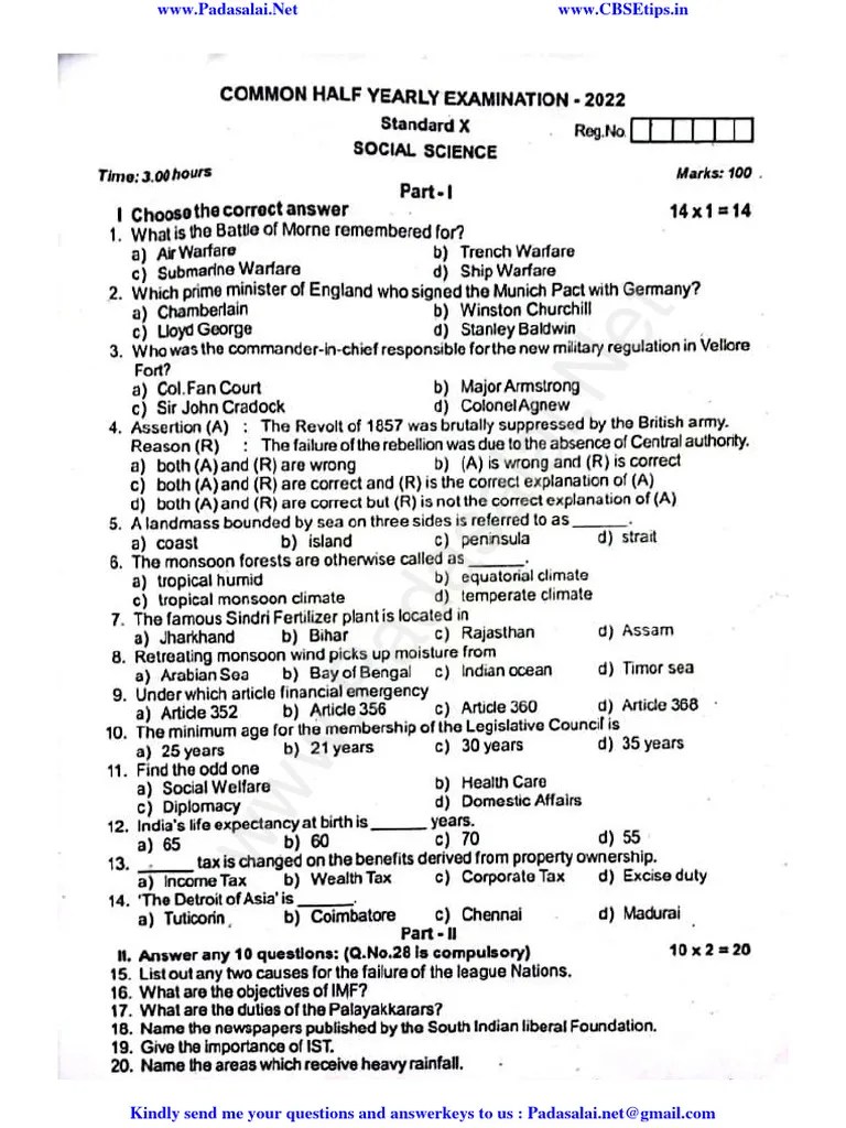 10th Social Science EM Half Yearly Exam 2022 Original Question Paper ...
