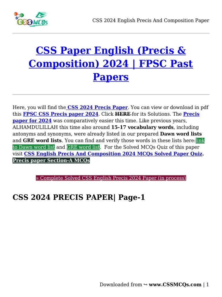 CSS 2024 English Precis And Composition Paper | PDF | English Language ...