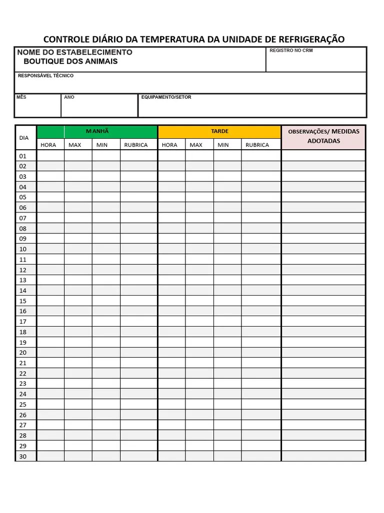 Modelo Planilha De Controle De Temperatura | PDF