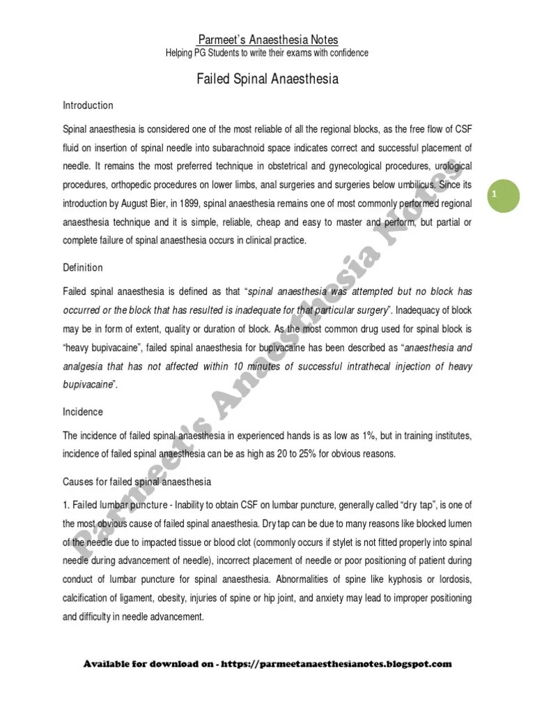 1 Failed Spinal Anaesthesia | PDF | Anesthesia | Cerebrospinal Fluid