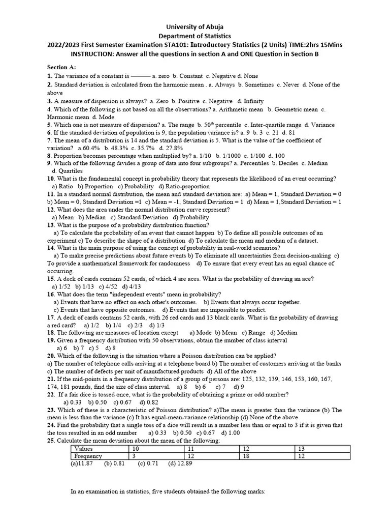 STA 101 Exam INTRODUCTORY STATISTICS QUESTIONS 2022_2023 | PDF | Mean ...