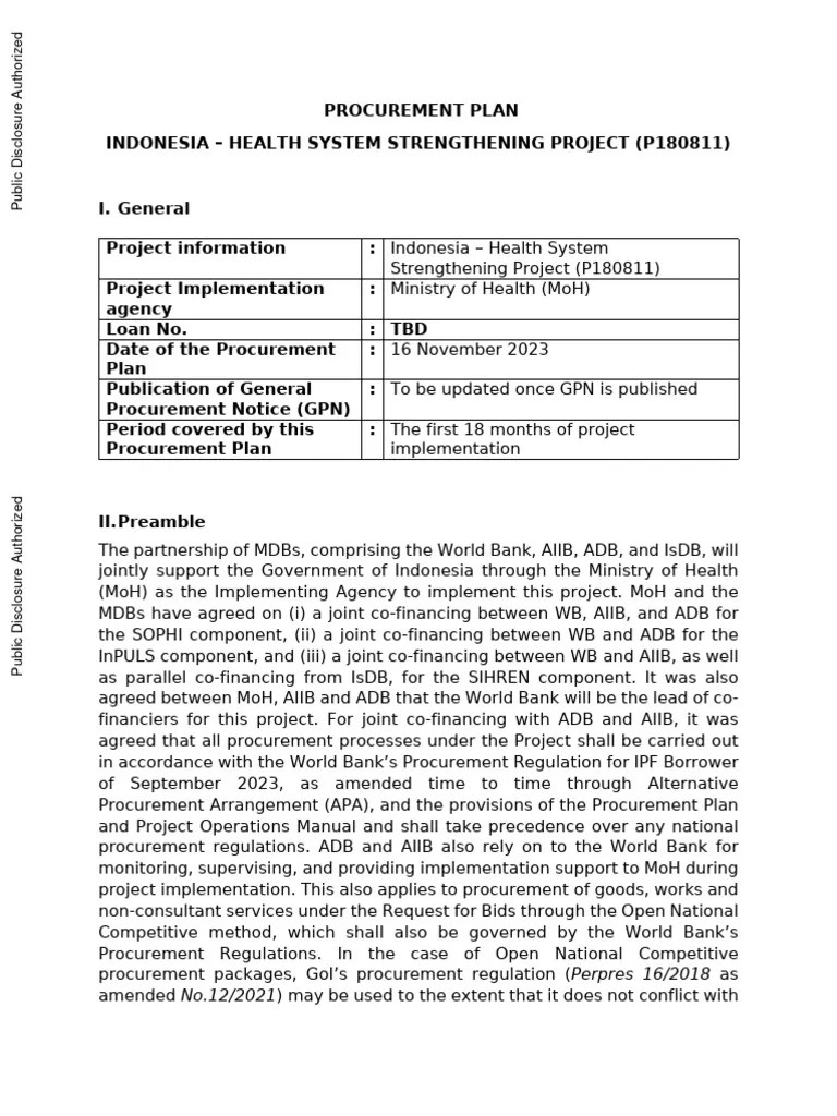 Procurement Plan Indonesia Health System Strengthening Project Pdf
