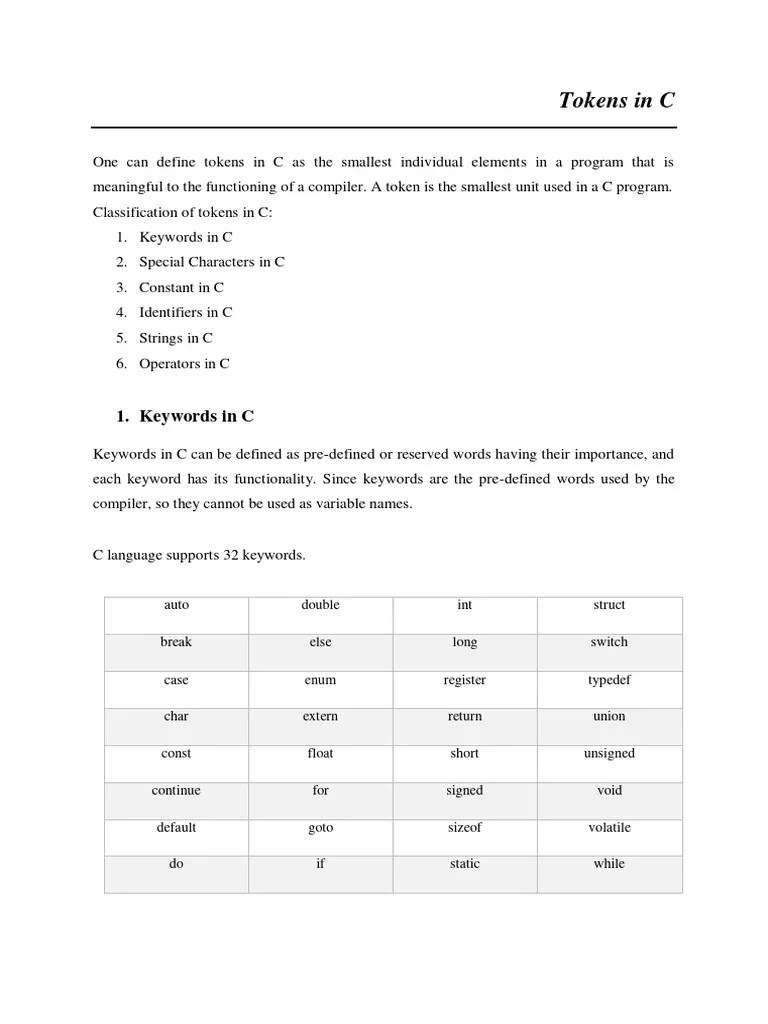 Tokens In C | Download Free PDF | Data Type | Integer (Computer Science)