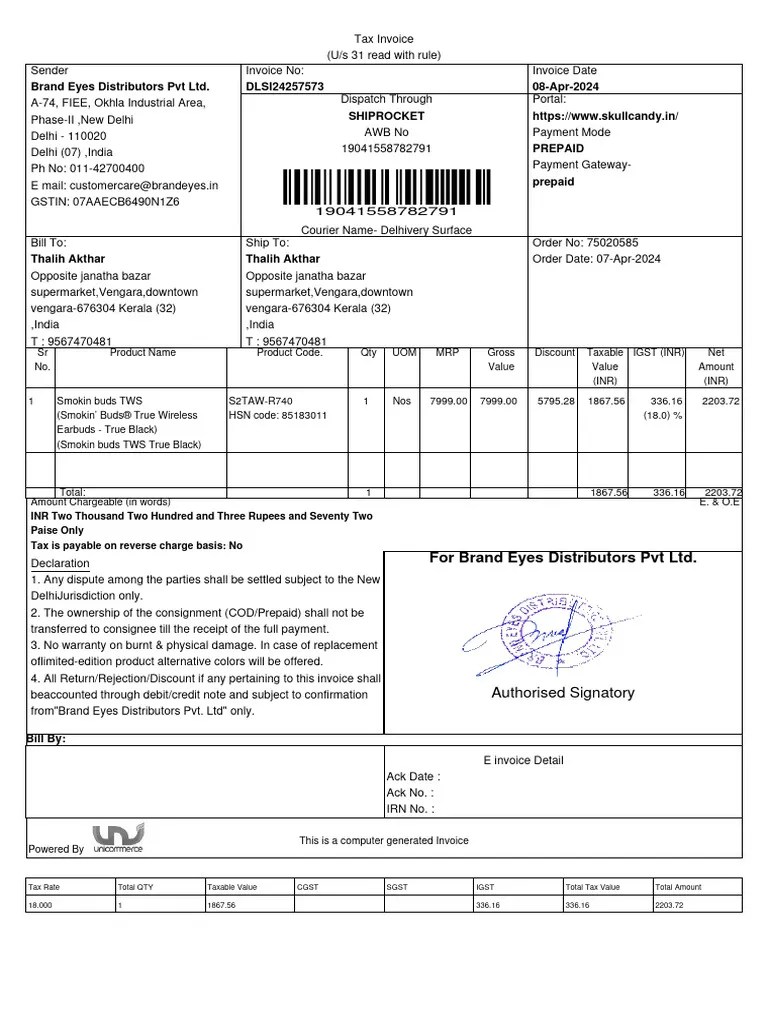 Invoice Shipment DLSKUL242506877 Order 75020585 | PDF | Payments | Taxes