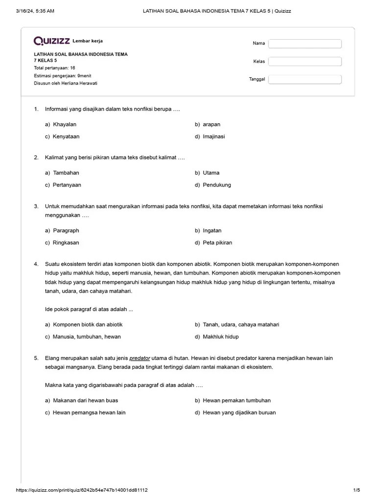 LATIHAN SOAL BAHASA INDONESIA TEMA 7 KELAS 5 Dengan Kunci | PDF