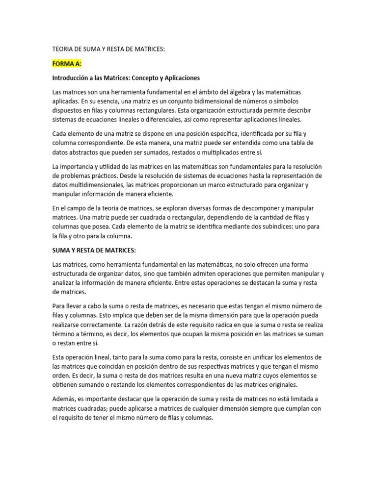 TEORIA DE SUMA Y RESTA DE MATRICES | PDF | Matriz (Matemáticas ...