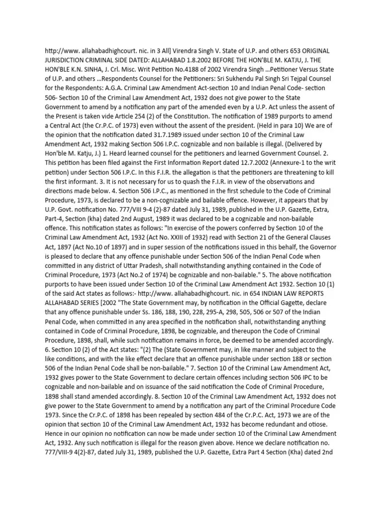 Analysis Of Landmark Judgment Of Allahbad High Court | PDF | Bail | Common Law