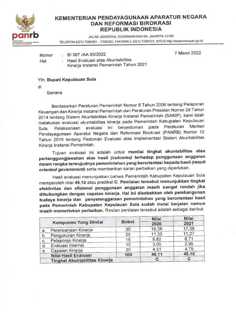 Hasil Penilaian SAKIP Tahun 2021 | PDF