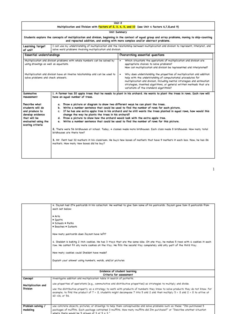 Grade 3 Unit 2 Scope And Sequence | PDF | Multiplication | Matrix ...