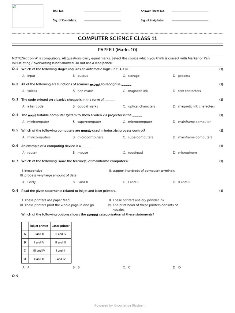 1 Computer Science XI Sample Exam Paper | Download Free PDF | Printer ...