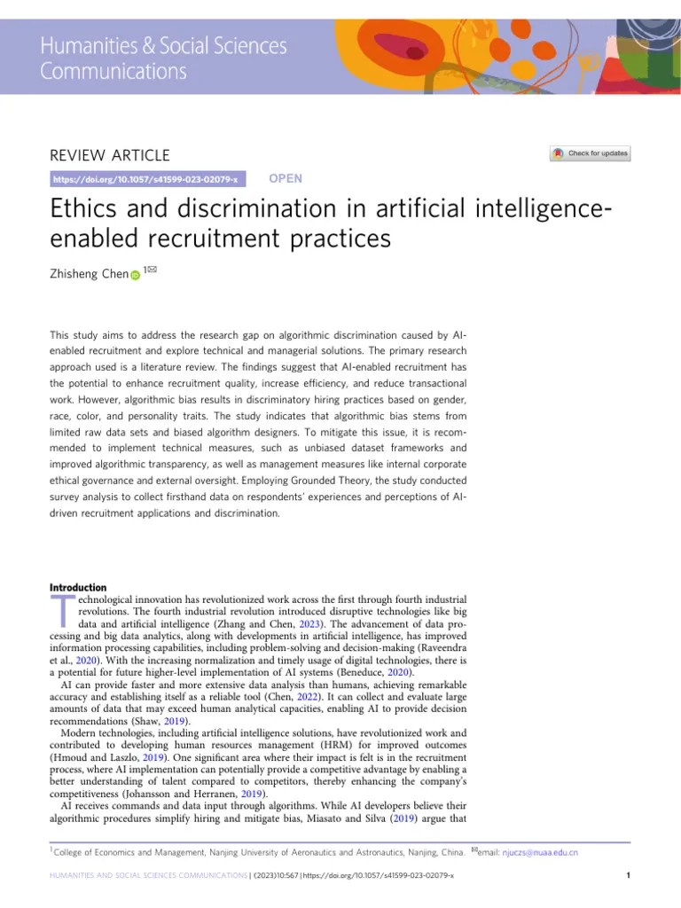 Ethics And Discrimination In Artificial Intelligence-Enabled Recruitment Practices | PDF ...