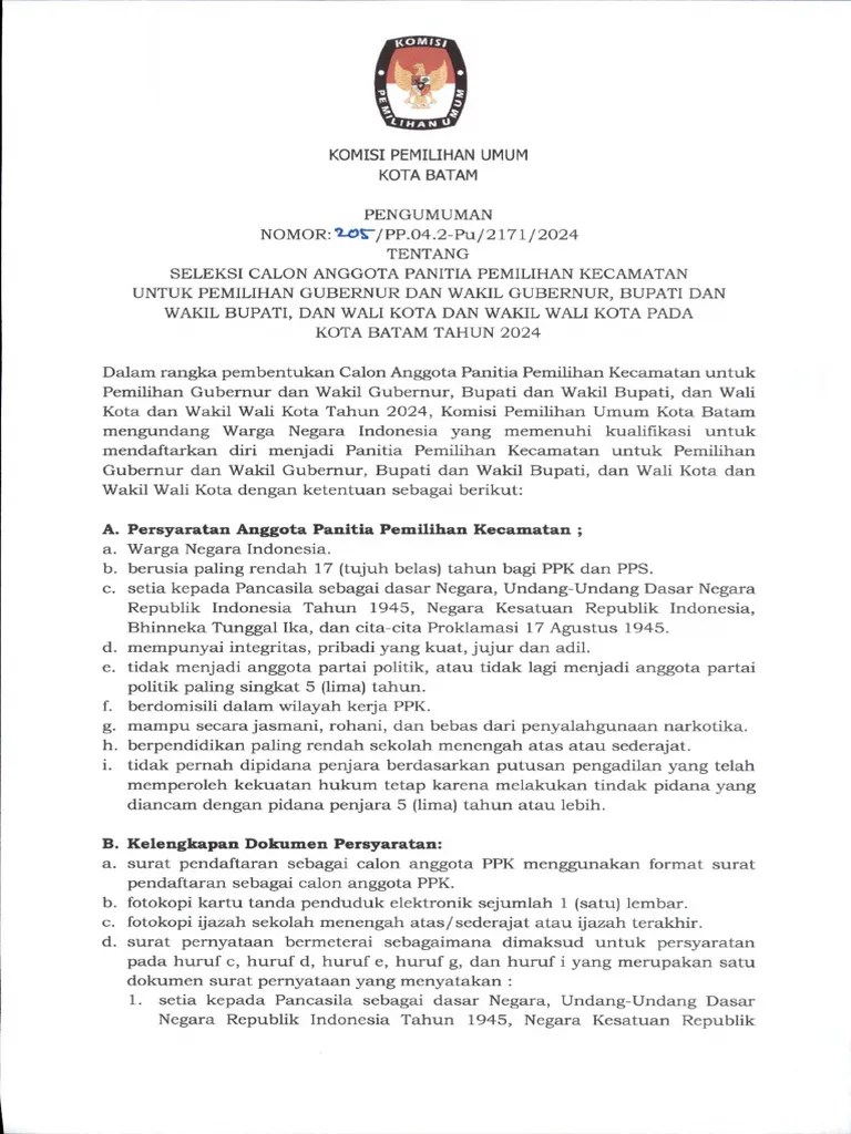 PENGUMUMAN NOMOR 205 TENTANG SELEKSI CALON ANGGOTA PPK UNTUK PEMILIHAN GUBERNUR DAN WAKIL ...