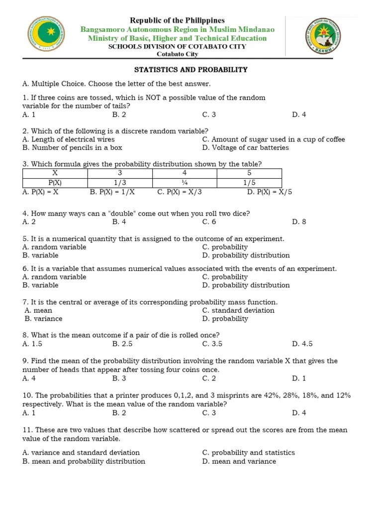 Statistics And Probability TQQ3W1-4 | PDF | Variance | Probability Distribution