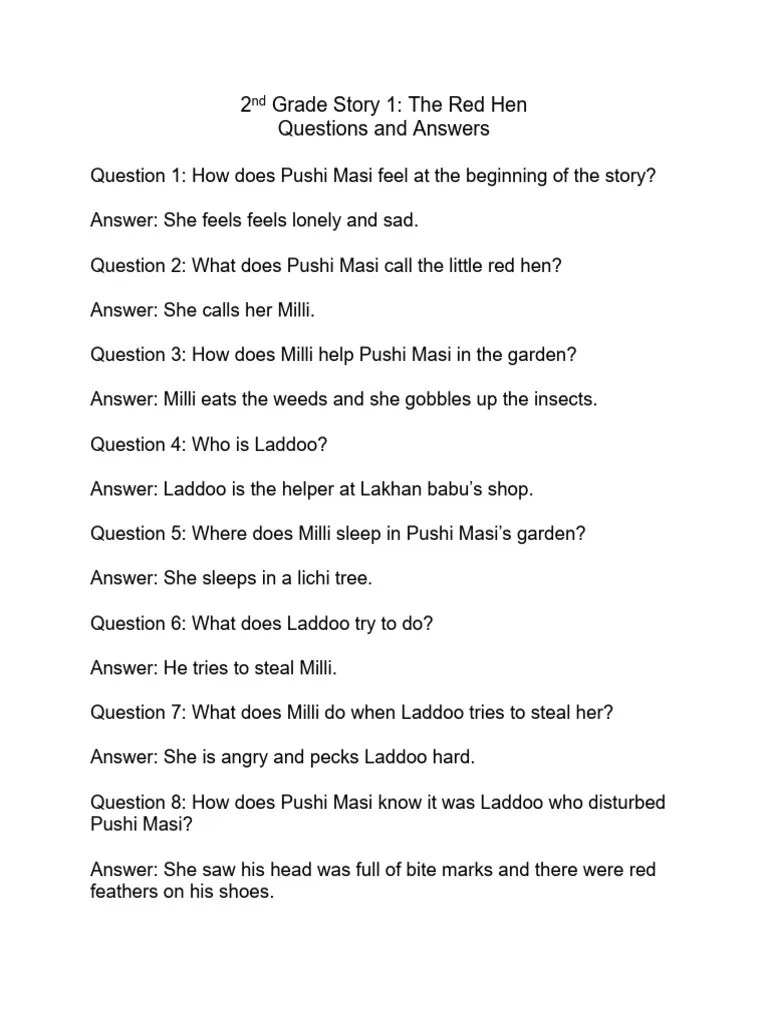 2nd Grade Story 1 The Red Hen Question And Answer Sheet | PDF