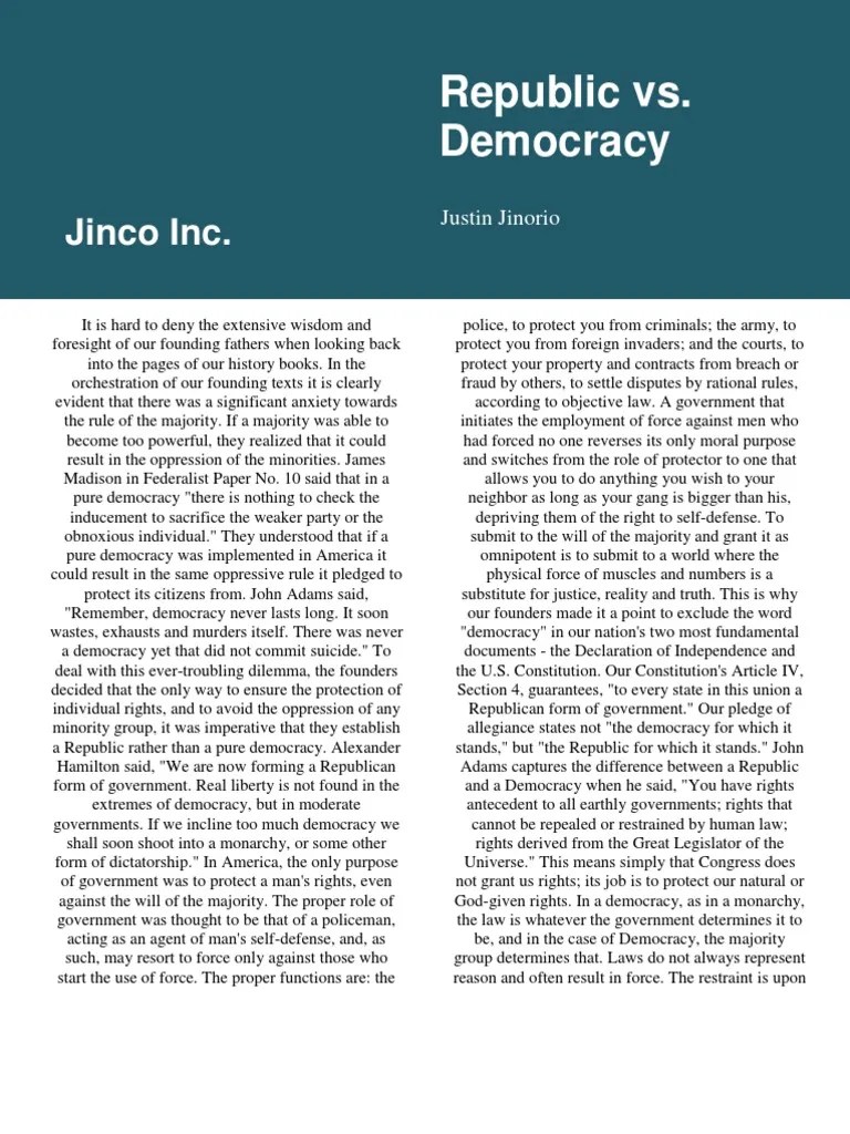 Republic Vs Democracy | PDF | Republic | Democracy