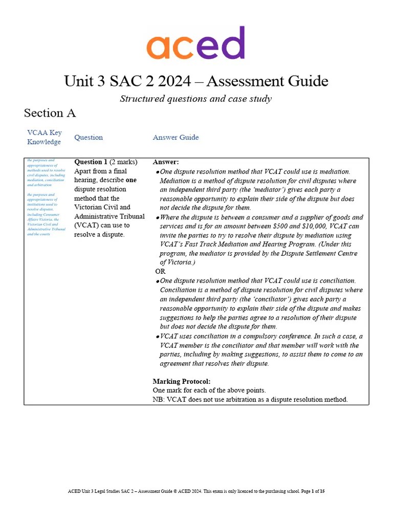ACED Unit 3 Legal Studies SAC 2 2024 - Assessment Guide | PDF | Mediation | Costs In English Law