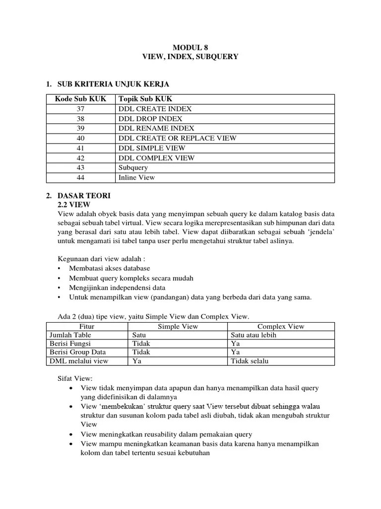 MODUL 8 View Index Subquery | PDF