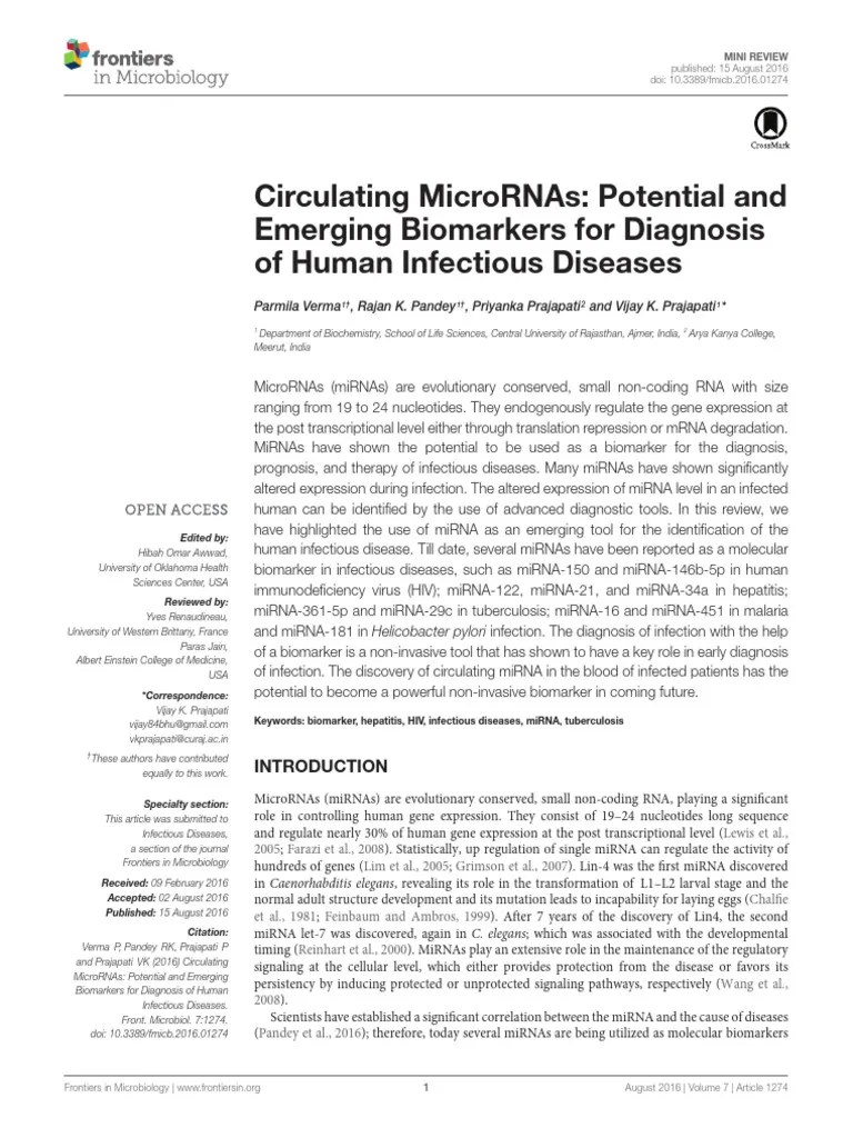 Circulating Micrornas: Potential And Emerging Biomarkers For Diagnosis ...