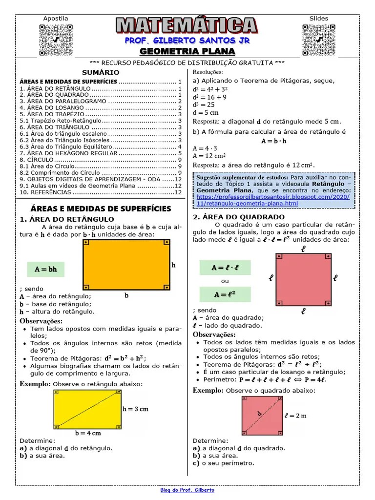 Apostila Geometria Plana - Áreas E Medidas De Superfícies (12 Páginas, 38 Questões, Com Gabarito ...