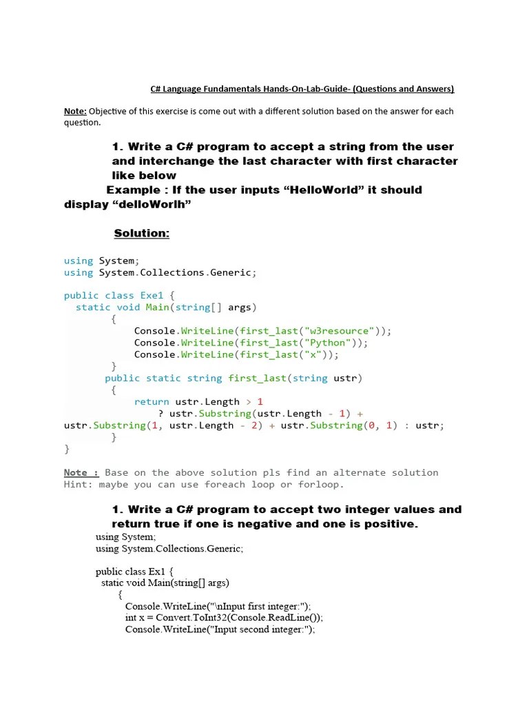 C# Language Fundamentals Hands-On-Lab-Guide- (Questions And Answers ...