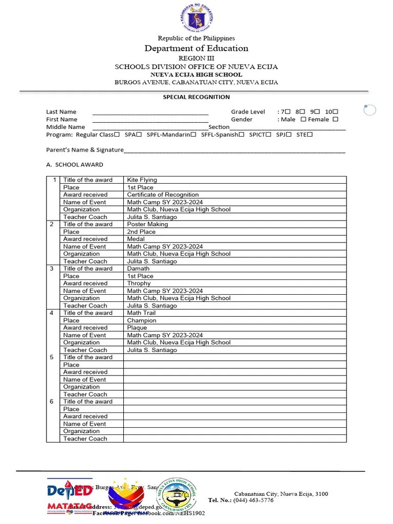 Template Special Recognition Sy 2023 2024 | PDF