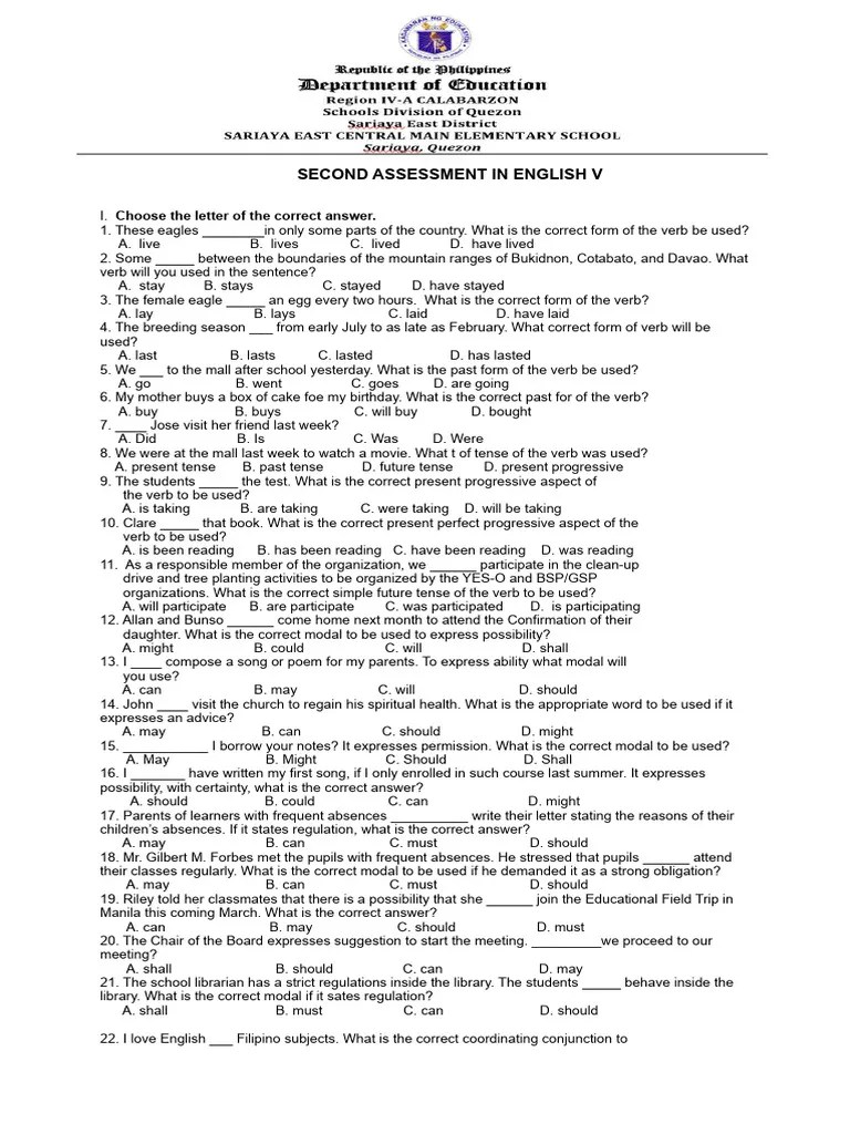 2nd QUARTER ASSESSMENT IN ENGLISH V 2023 2024 | PDF | Verb | Toys