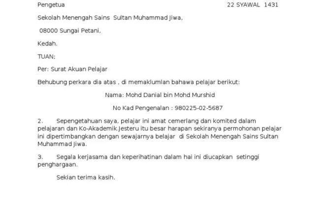 Surat pengesahan pelajar sekolah menengah. Surat Akuan Pelajar Otosection