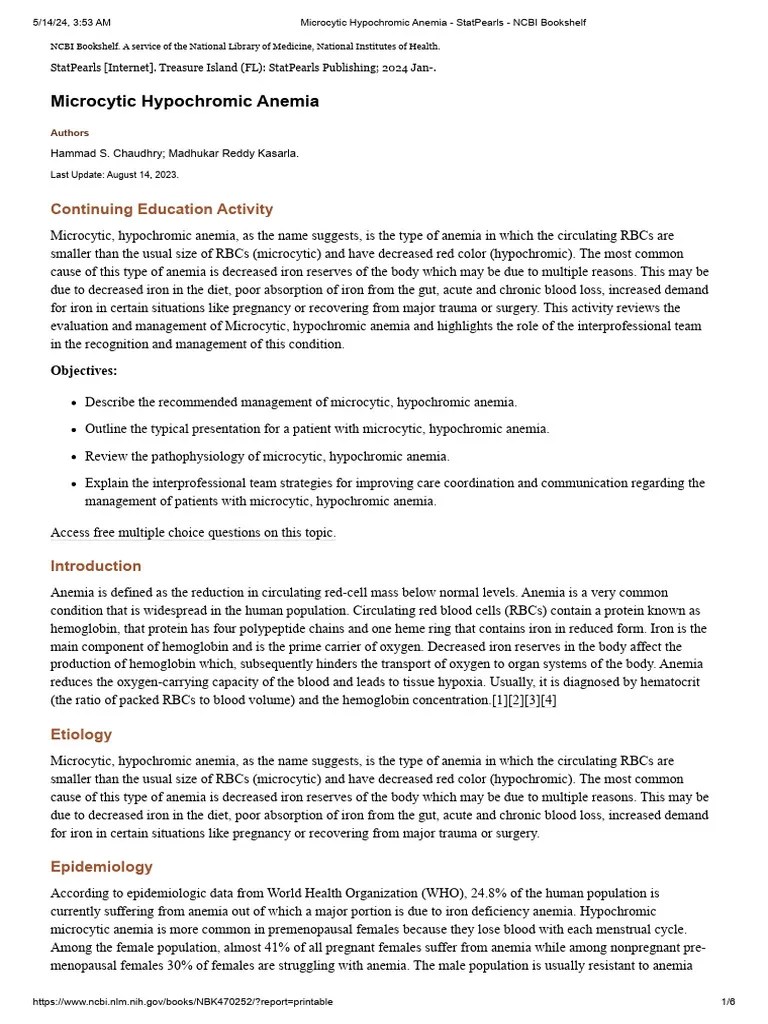 Microcytic Hypochromic Anemia - StatPearls - NCBI Bookshelf | Download Free PDF | Anemia | Red ...