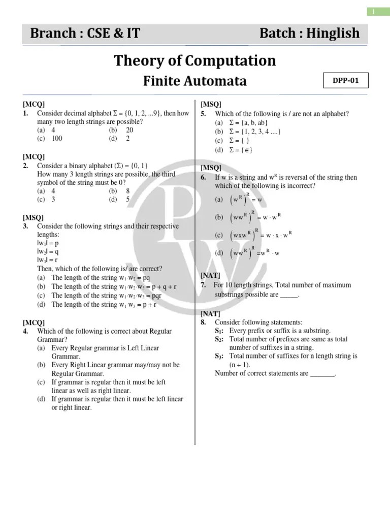 Finite Automata - DPP 01 | PDF | String (Computer Science ...