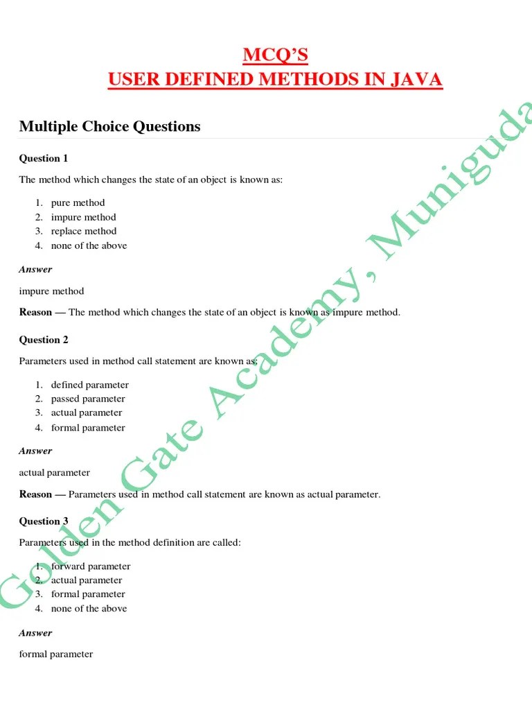 MCQ User Defined Method | PDF | Method (Computer Programming ...