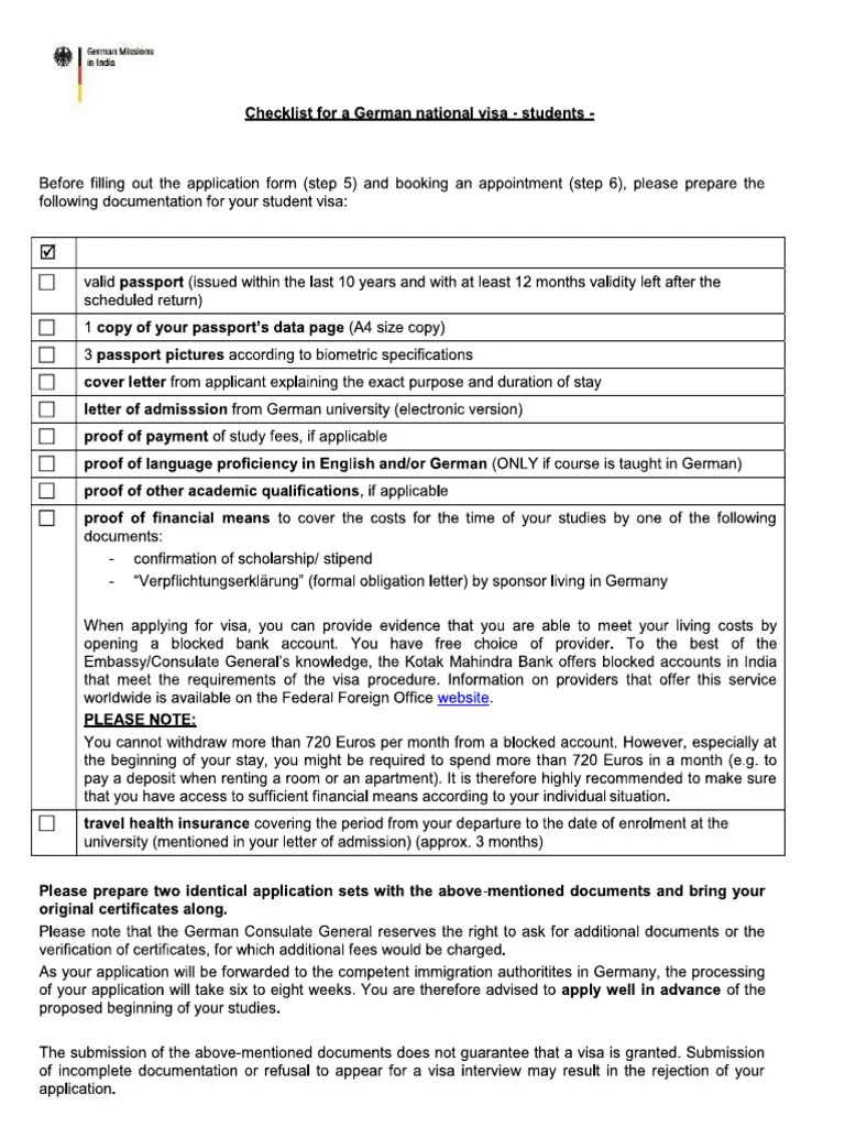 Germany Study Visa Checklist | PDF