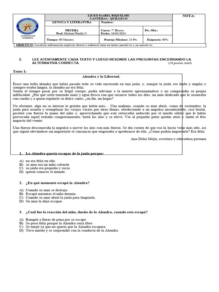 Prueba Comprension Lectora 1 | PDF | Internet | Memoria