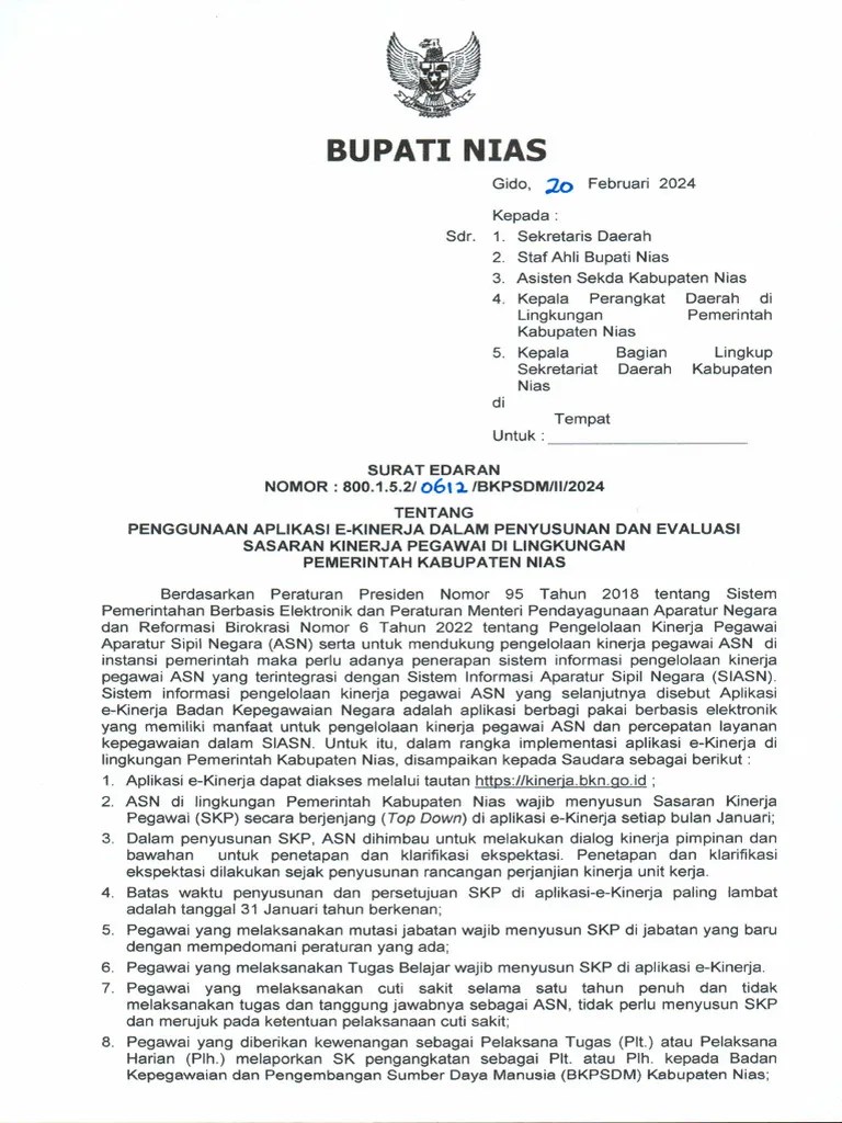 SURAT EDARAN PENGGUNAAN APLIKASI E-KINERJA | PDF