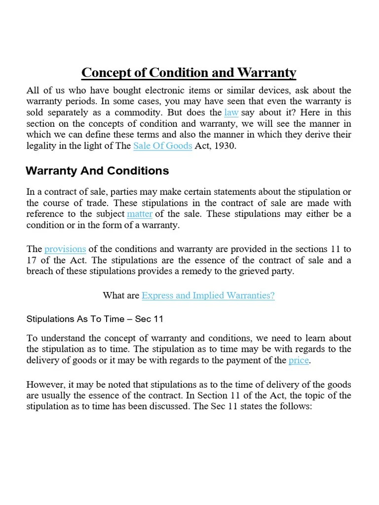 Concept Of Condition And Warranty | PDF | Breach Of Contract | Common Law
