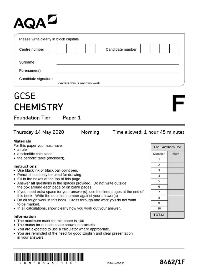 AQA-GCSE-Chemistry-NOV2020-Paper-1F-QP | PDF | Atoms | Atomic Nucleus