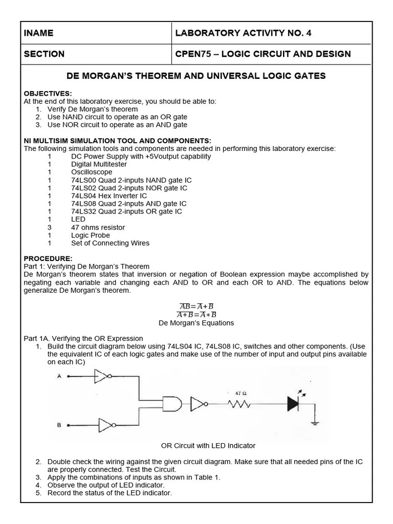 Laboratory Activity 4 De Morgans Theorem And Universal Logic Gates ...