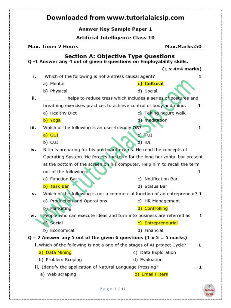 Sample Paper 1 AI Class 10 Answer Key | Download Free PDF | Accuracy ...