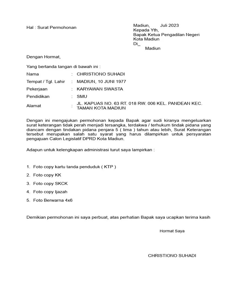 Surat Permohonan Tidak Pernah Dipidana | PDF