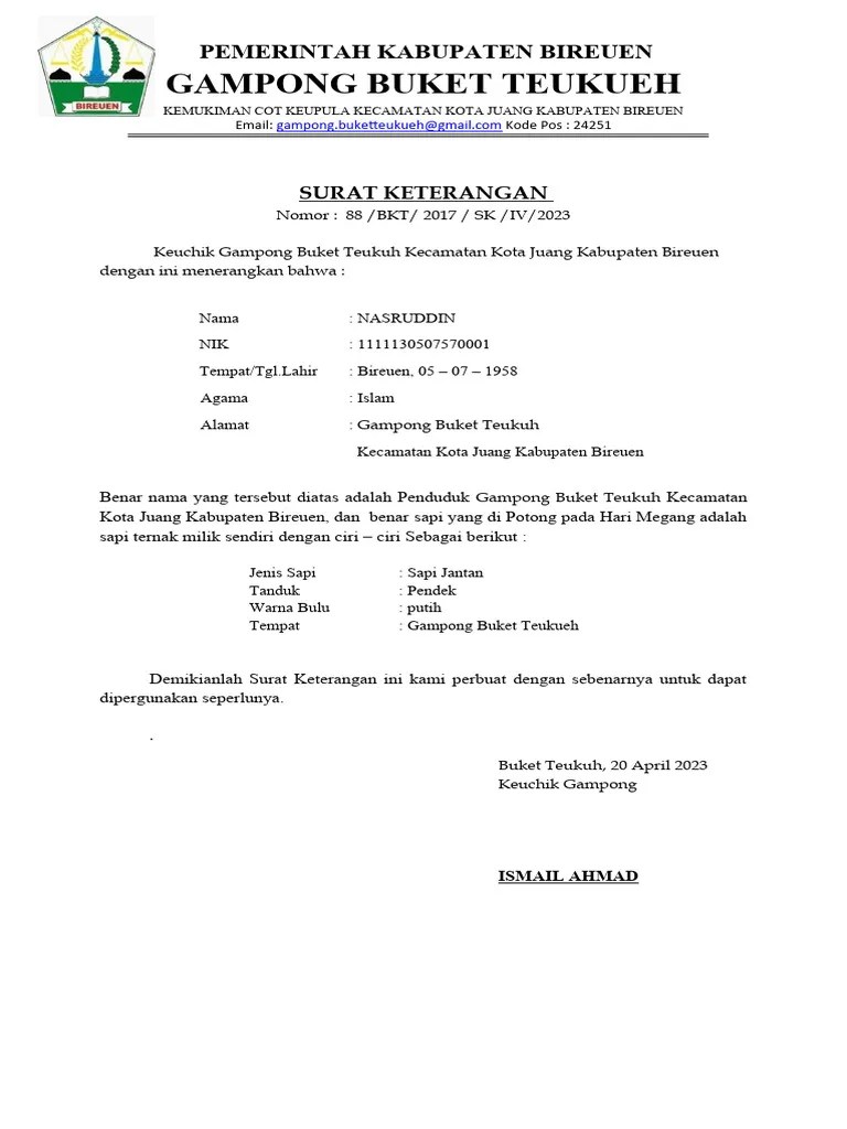 Surat Keterangan Sapi BKT | PDF