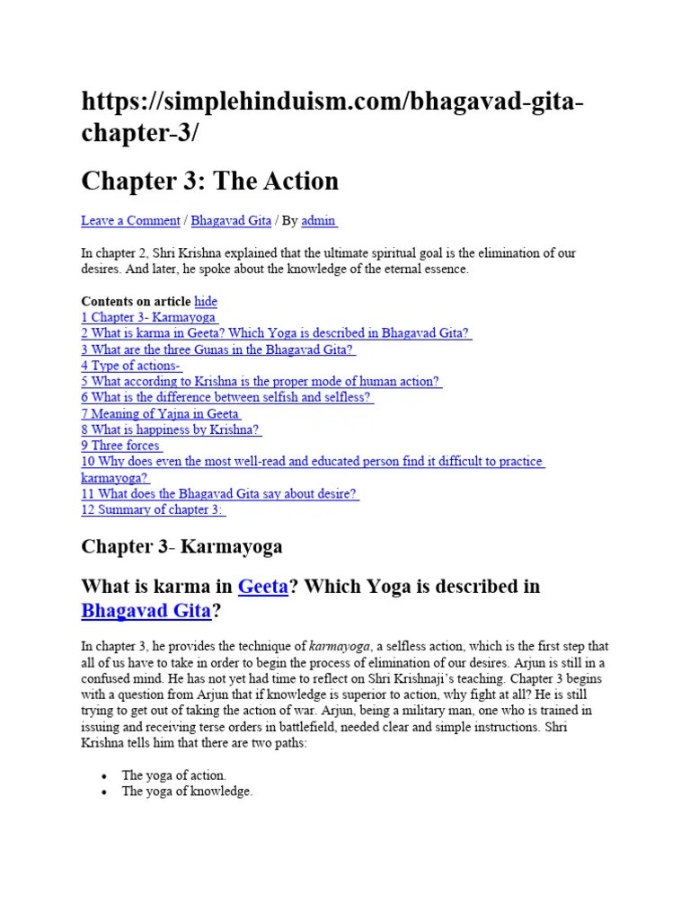 BG Chapter 3 Summary | PDF | Bhagavad Gita | Indian Philosophy