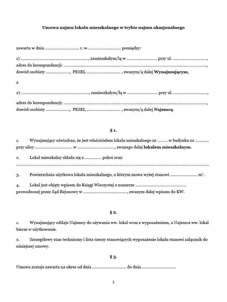 Umowa Najmu Okazjonalnego WZÓR | PDF