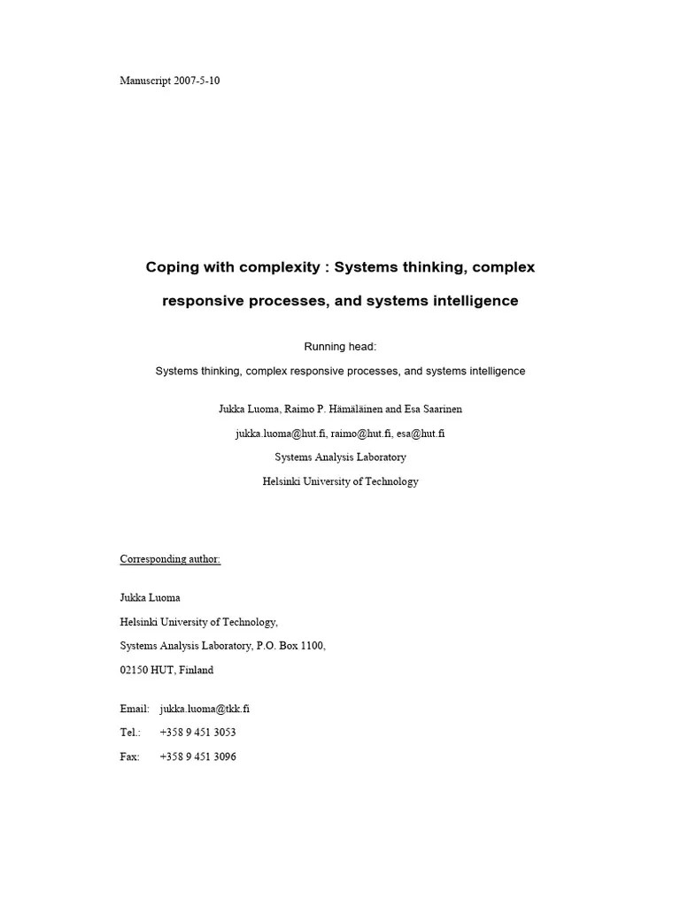 Coping With Complexity: Systems Thinking, Complex Responsive Processes, And Systems Intelligence ...