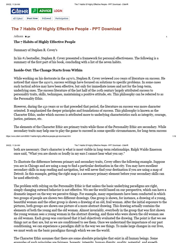 7 Habits Of Highly Effective People Summary | PDF | Psychology