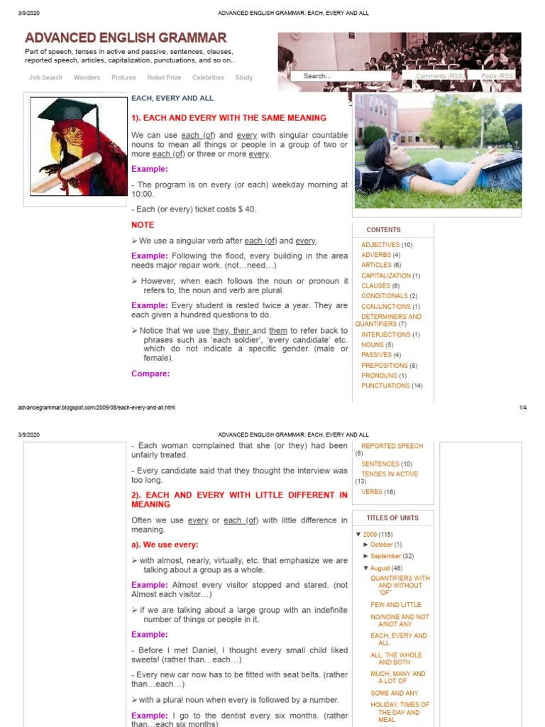 Advanced English Grammar - Each, Every And All | PDF | English Grammar ...