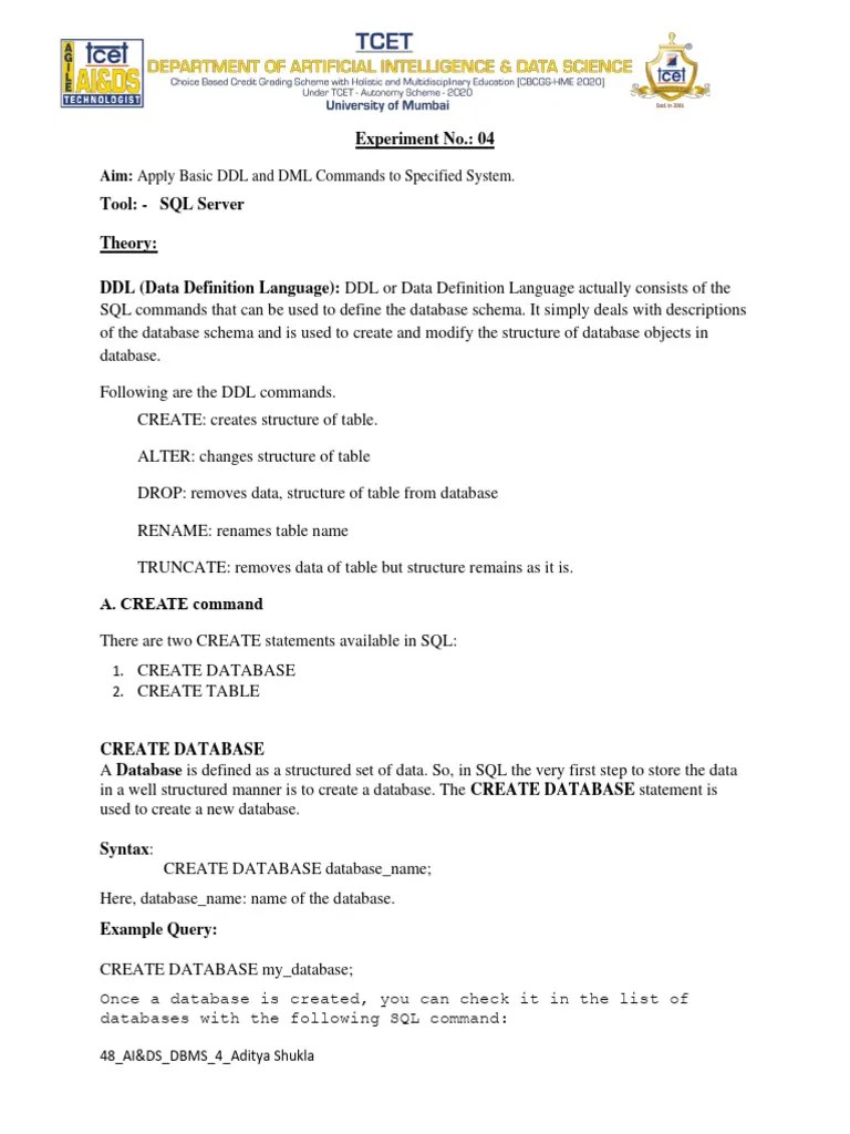 48 - Ai&ds - Dbms Exp 4 - Aditya Shukla | PDF | Sql | Table (Database)