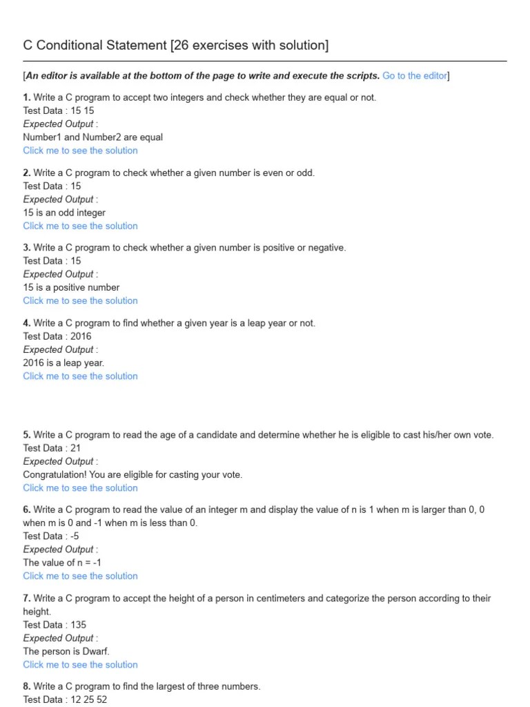 C Programming Exercises - Conditional Statement - W3resource | PDF ...