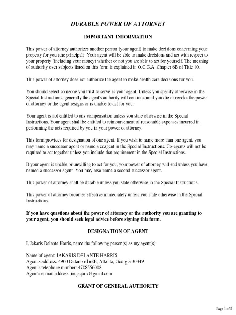 Georgia Power Of Attorney | PDF | Power Of Attorney | Common Law