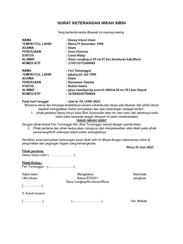 Surat Keterangan Nikah Sirih | PDF