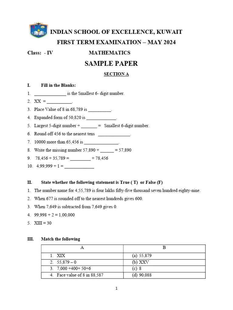 Grade 4 1st Term Exam Maths Sample Paper PDF | PDF | Numbers | Arithmetic