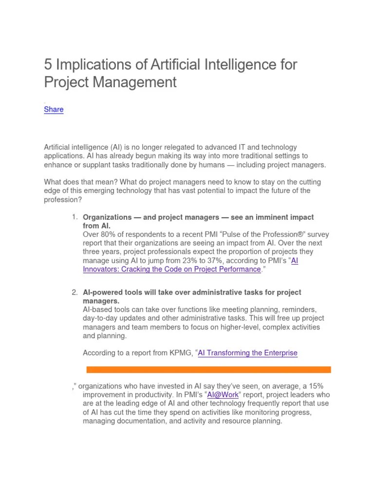 5 Implications Of Artificial Intelligence For Project Management | PDF ...